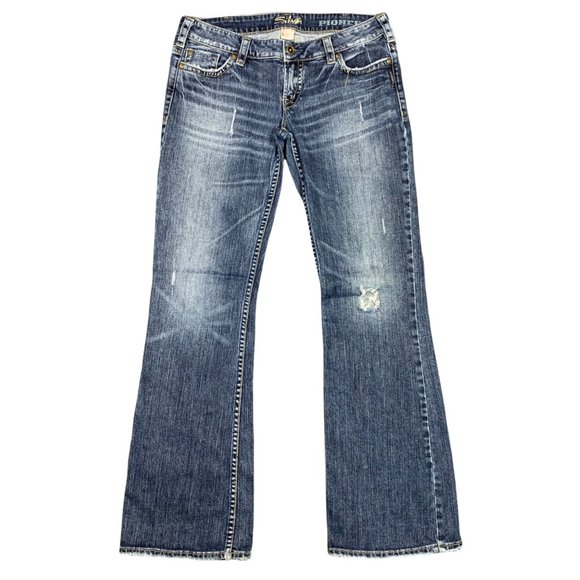 Silver Jeans Pioneer Distressed Boot Cut Denim Blue Jeans Size W31/L33 EUC - Picture 1 of 12